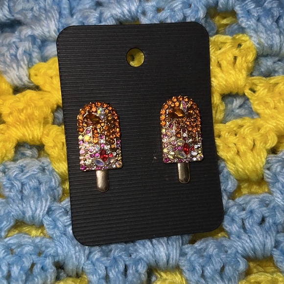 Gorgeous handmade rhinestone lollipops, gold tone. Nickel free post. Orange pink - Picture 3 of 6